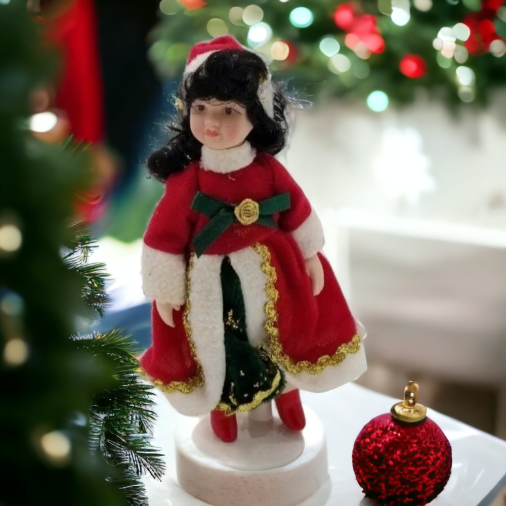 Belinda Agnes 7" Red Fabric Gold Trim Christmas Collection Porcelain Doll